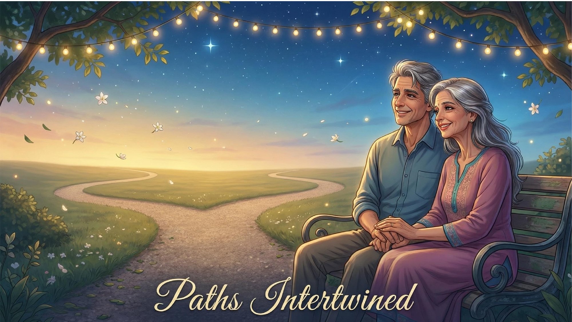 An older Akshay and Pari sitting together beneath a starlit sky where two paths meet