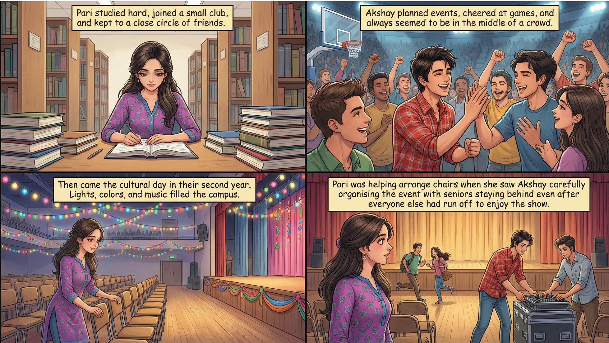 Comic page: the two arriving at the same college