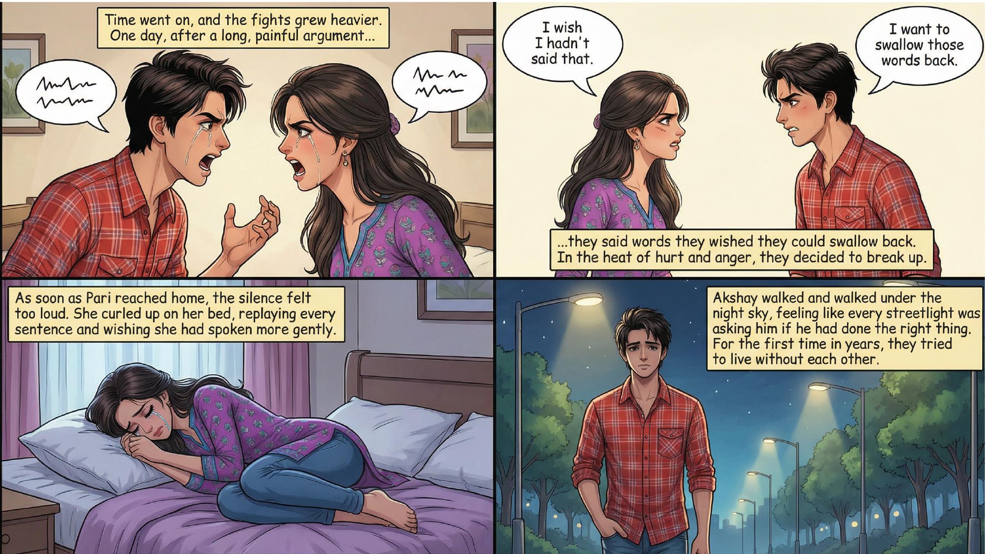 Comic page: arguments, hurt, and the breakup