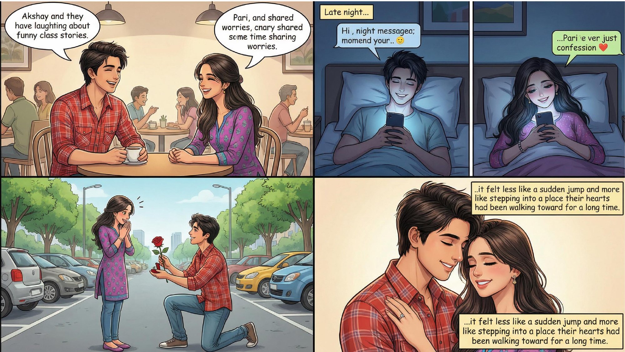 Comic page: late night messages between Akshay and Pari