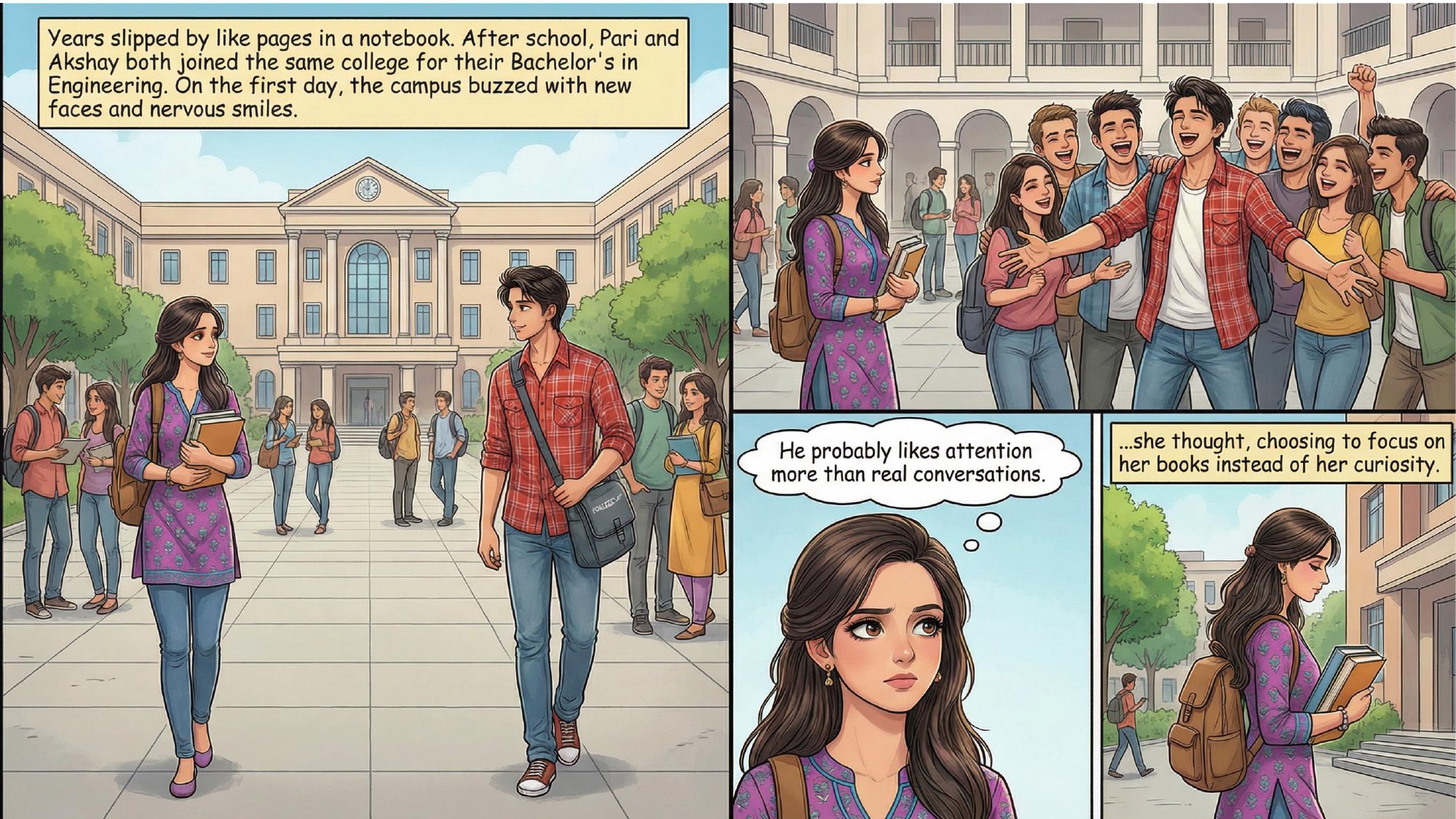 Comic page: Akshay and Pari at the same places, still strangers